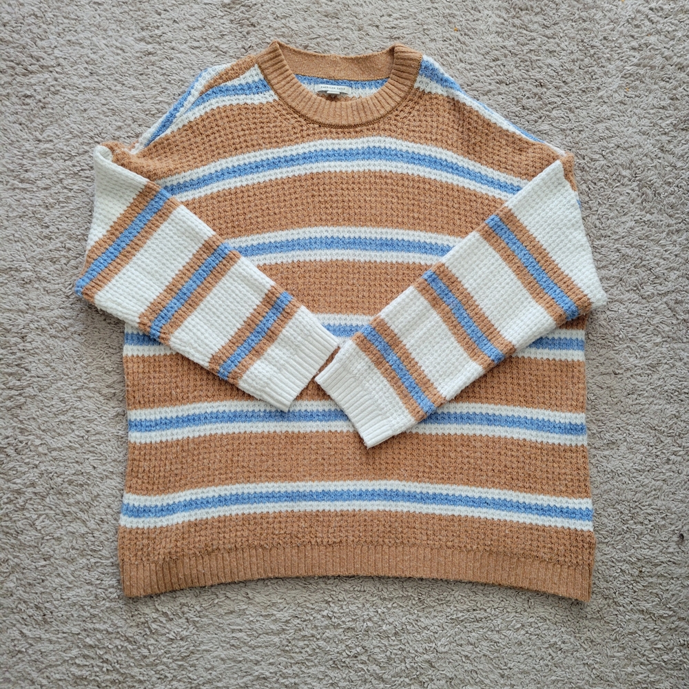 American Eagle Outfitters Tan, Cream, and Blue Striped Sweater